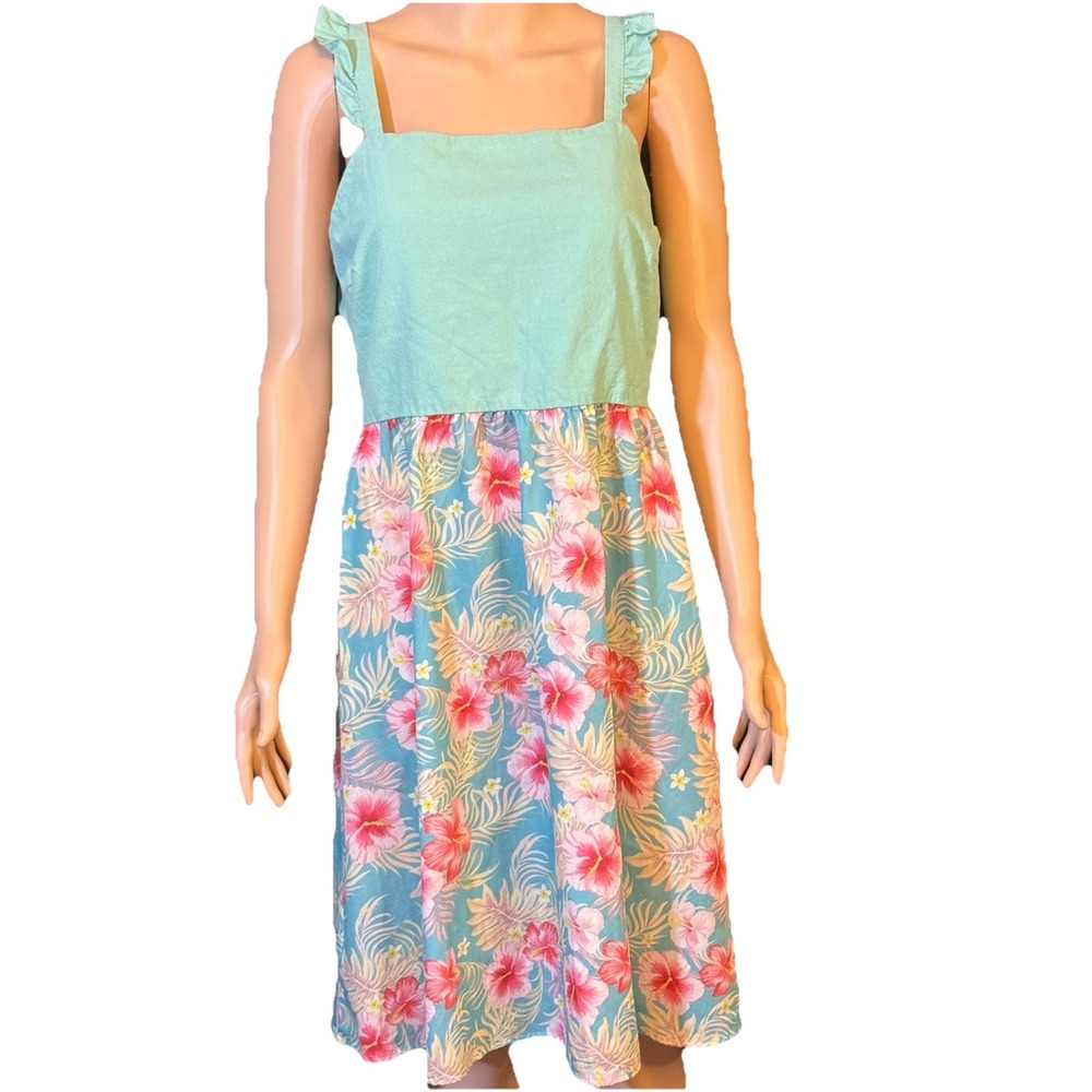 Turquoise Hawaiian Floral Midi Tank Dress Flutter Sleeve Tropical Hibiscus Print
